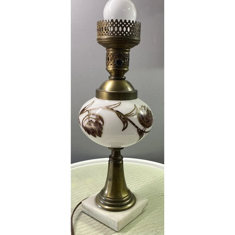 Vintage White Milk Glass&brass Desk Lamp-Hand Painted‎ Floral Marble Base 17